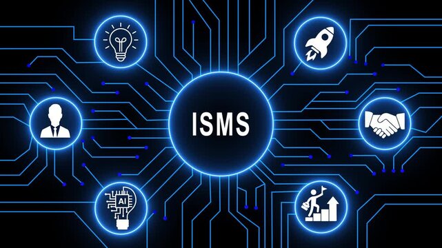 Isms information security management system concept animation with glowing blue circuit board background, digital technology data privacy, cyber security, network protection, enterprise solutions