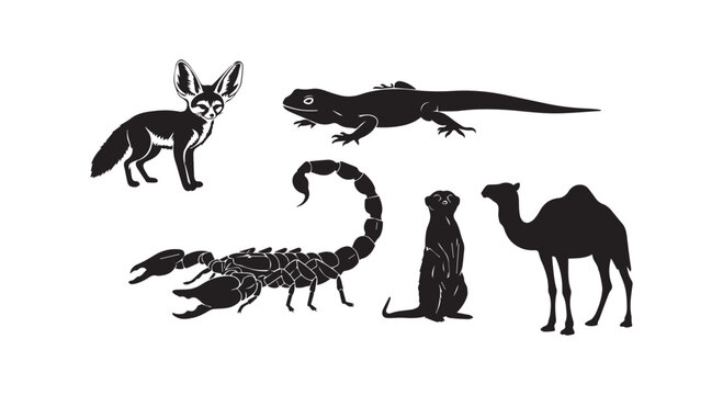 Collection of desert animal icons including fennec fox lizard scorpion meerkat and camel in black and white silhouette.