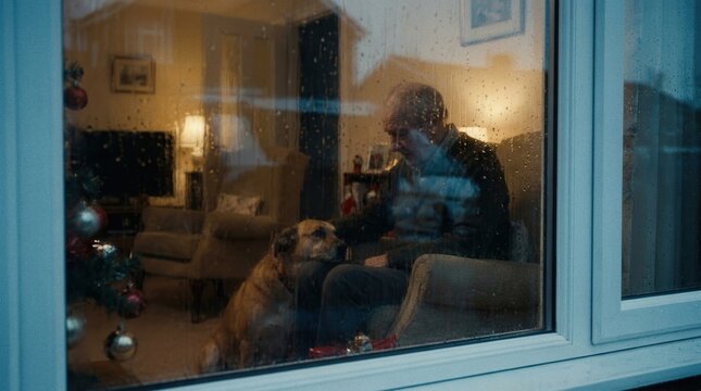 Blurred apartment interior through rain-speckled window glass