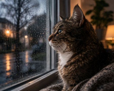Katze sieht abends aus dem Fenster