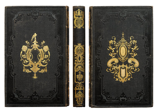 Antique hardcover black book with an ornate decorative binding made of cloth and illustrated cardboard, featuring rich gold embossing and vivid colors. Isolated on a white background..