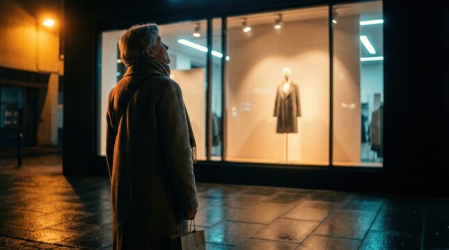Solitary exhausted shopper outside store on Black Friday