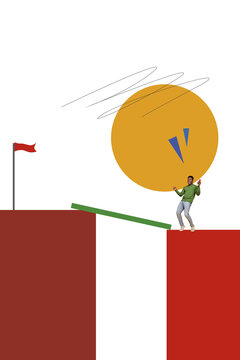Vertical image collage young man overcome bridge abyss finish flag destination reach goal target ambitious determination