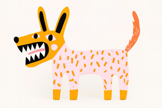 Playful colorful dog illustration with bold abstract pattern