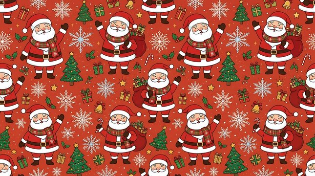 Santa Claus pattern with trees gifts and snowflakes on red background.