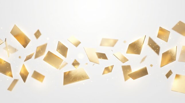 Golden confetti flying on white background luxury abstract background