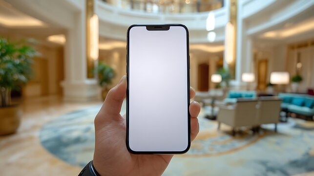 Hand holding a smartphone with an empty blank screen for mockup display against a blurred luxury hotel lobby background
