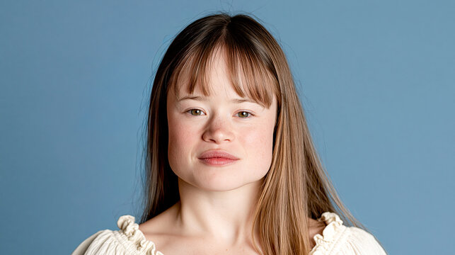 Calm young woman smile at camera on blue background