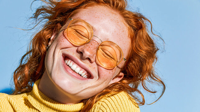 Smiling redhead woman in yellow sweater with sunglasses