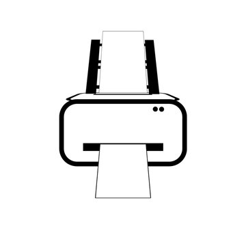 Black and white icon of a digital printer with paper coming out office equipment printing machine document printing office technology