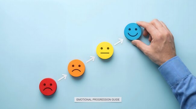 Hand placing blue happy emoji on top of steps of emotion icons as a concept of mood improvement and customer feedback with emoji set