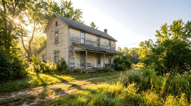 Charming Fixer upper house in a rural countryside setting with sunlight shining through trees on a bright day