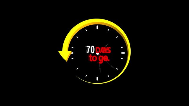 Clock icon isolated with 70 Days to go text animation . Countdown timer. Clock icon. Time icon. Counter time.70 Days Animation 65 Day To Go text Animation.Sales countdown.4k video Black stopwatch icon
