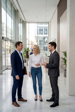 Business colleagues converse in a modern office lobby