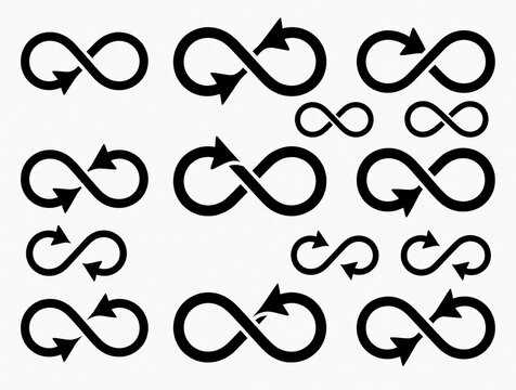 Set of various black infinity symbol designs with arrows on white background. Collection includes different loop shapes, continuous line elements. Abstract icons represent eternity, forever cycle,