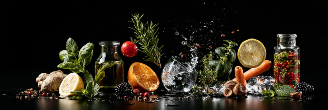 Frische Kr&auml;uter, Zitrusfr&uuml;chte und Gew&uuml;rze mit Wasserspritzer auf Schwarz