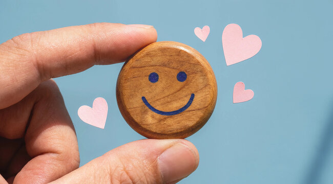 Human hand holding wooden round token with engraved smiley face and surrounding pink hearts wood token positive feedback customer satisfaction