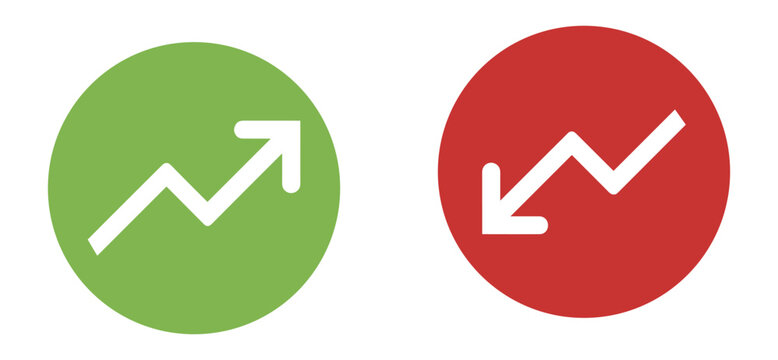 Up and Down Market Trend Indicators: Two circular icons, one green with an upward trend arrow, and one red with a downward trend arrow. finance graphic, market analysis, stock symbol, investment icon.
