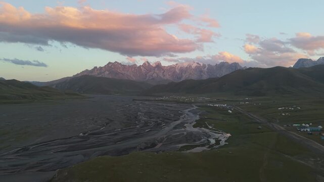Kok Kiya valley Kyrgyzstan drone aerial 4k at sunset