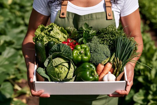 Woman holding fresh vegetable harvest in garden