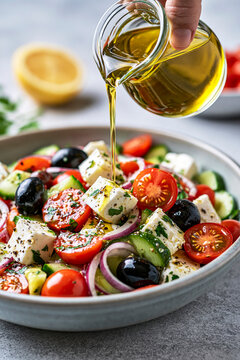 Olive oil poured over fresh Greek salad with feta cheese