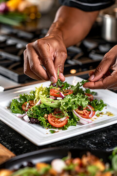 Chef prepare fresh vegetable salad in professional kitchen