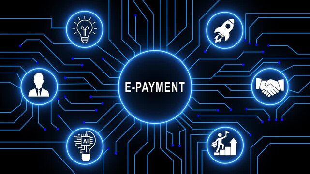 Dynamic e-payment concept with glowing blue circuit board background, digital financial transactions, secure online banking system, modern fintech technology animation and cyber currency network