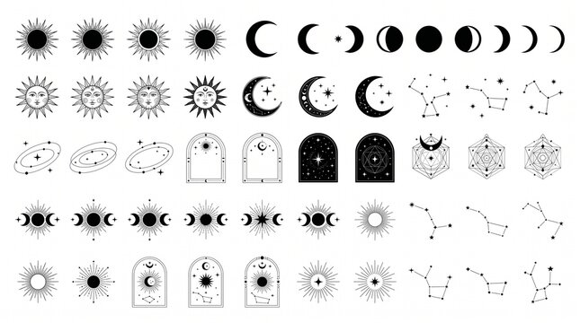 Mystical celestial vector icons set, sun moon phases and star constellations, celestial occult aesthetic graphic collection