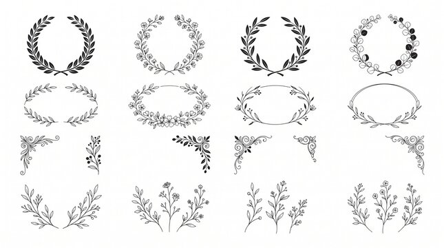 Vintage floral wreath collection, hand drawn laurel branch frames, elegant botanical border design elements for wedding invitations