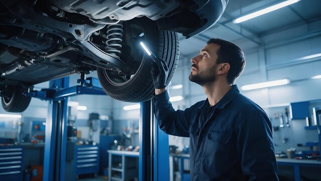 Professional auto mechanic inspecting undercarriage suspension components of lifted vehicle using handheld flashlight in bright modern repair shop environment
