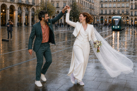 Newlyweds dance in rain during urban wedding celebration