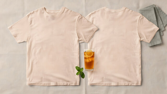 Two light beige t-shirts laid flat on a textured fabric surface with a glass of iced tea and fresh green mint leaves placed in the center