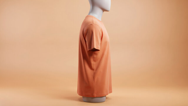 Side view of a peach colored t-shirt worn by a faceless mannequin against a solid light orange studio background, for apparel display