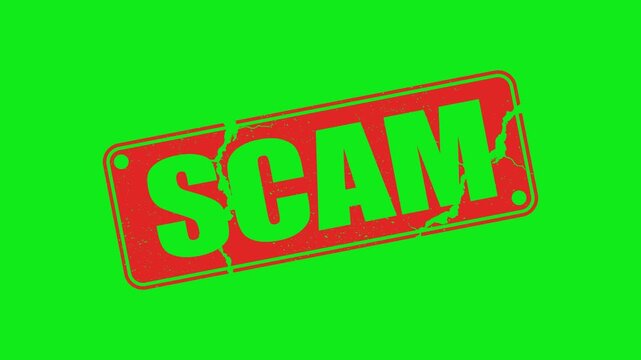 Animated black and red Scam rubber stamp graphic with grunge texture on a green screen