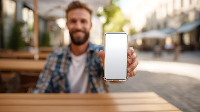 Young man holding a smartphone with a blank white screen mockup while sitting at an outdoor cafe terrace