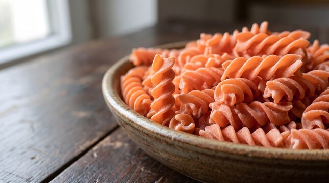 Close up of red lentil fusilli pasta in bowl