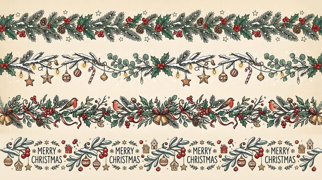 Christmas garland borders with holly berries pine cones and ornaments.