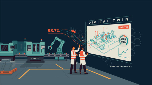 Digital twin technology monitoring manufacturing factory production line with robotic arms and data visualization analytics dashboard for smart and industrial Projects automation arm engineers oee