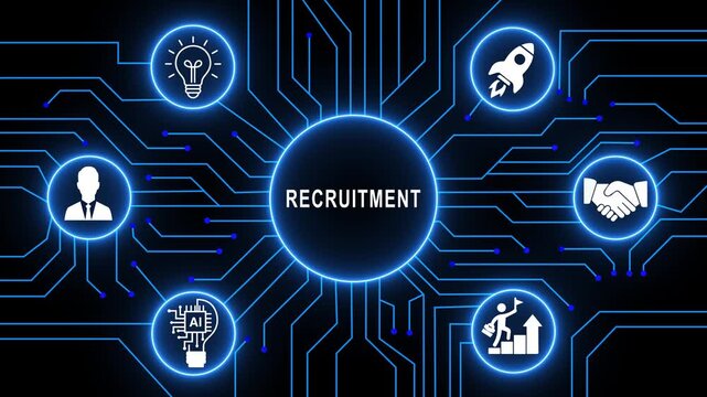 Comprehensive digital recruitment concept featuring glowing circuit board network infographics and hiring for modern human resources and corporate talent acquisition presentations