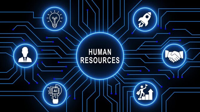Comprehensive digital human resources concept animation featuring glowing circuit board background, with interconnected business, representing talent management, recruitment, and corporate strategy