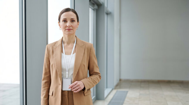 Confident businesswoman with identification badge in office corridor
