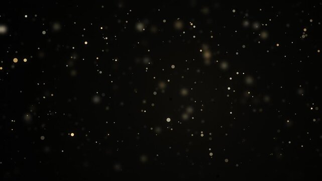 Golden dust particles floating gently in dark space, abstract background.