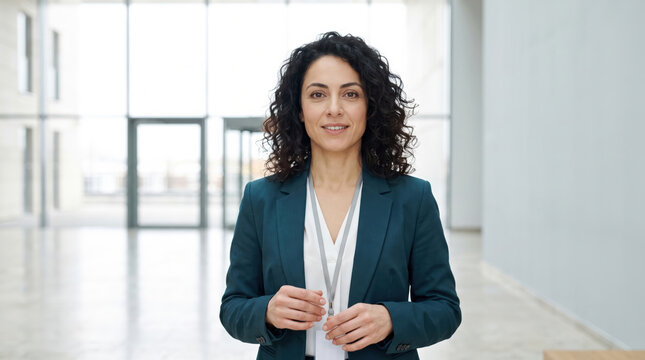 Confident businesswoman with lanyard in modern office lobby