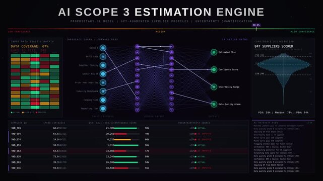 Explore the futuristic AI-Powered Scope 3 Estimator Dashboard showcasing supplier data gap filling with dynamic confidence scores and interactive visualizations in dark mode.