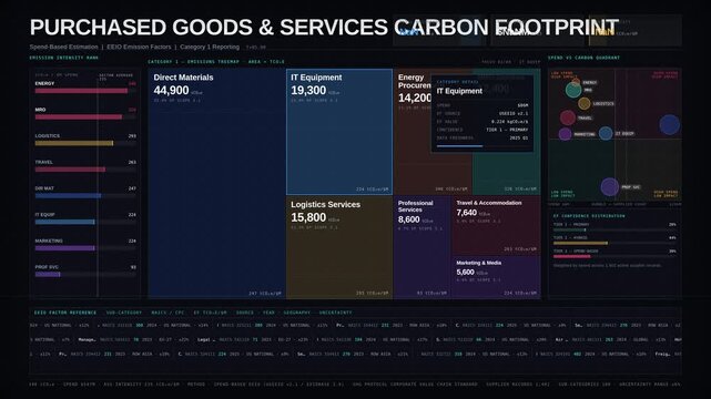 Explore a sophisticated Purchased Goods Carbon Dashboard that visualizes spend-based emissions across procurement categories with detailed analytics and refined aesthetics.