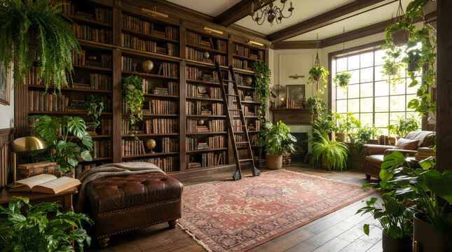 Cozy home library interior with dark bookshelves and many green plants by a large bright window