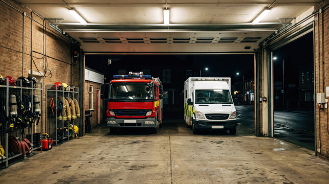 Fire engine and ambulance inside emergency service garage