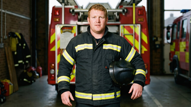 Firefighter holding helmet in fire station with fire engine