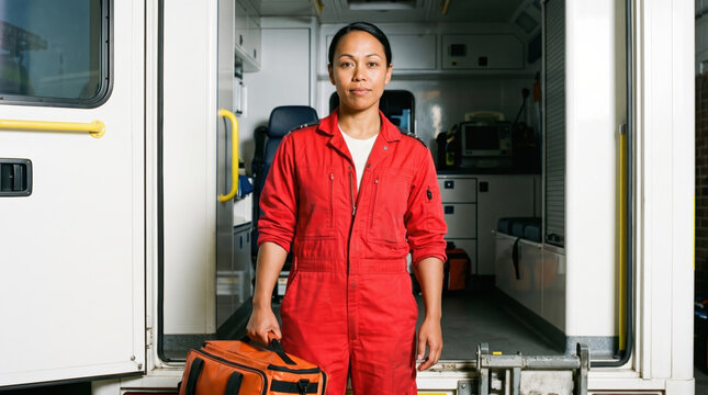 Paramedic with medical bag beside ambulance vehicle