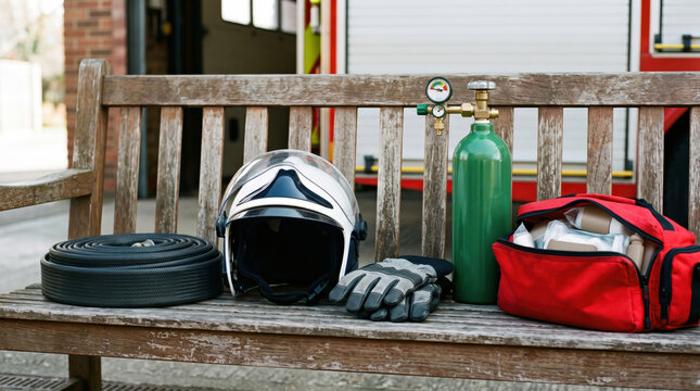 Firefighter equipment and oxygen cylinder on wooden bench